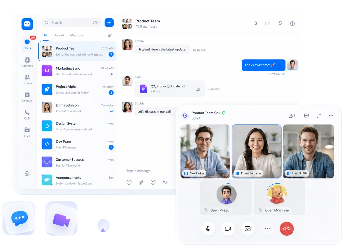 OpenIM chat and video meeting client interfaces