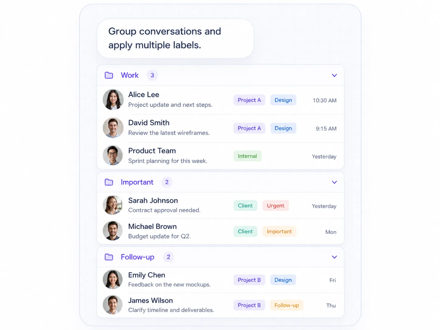 Interface for managing many conversations with labels and groups