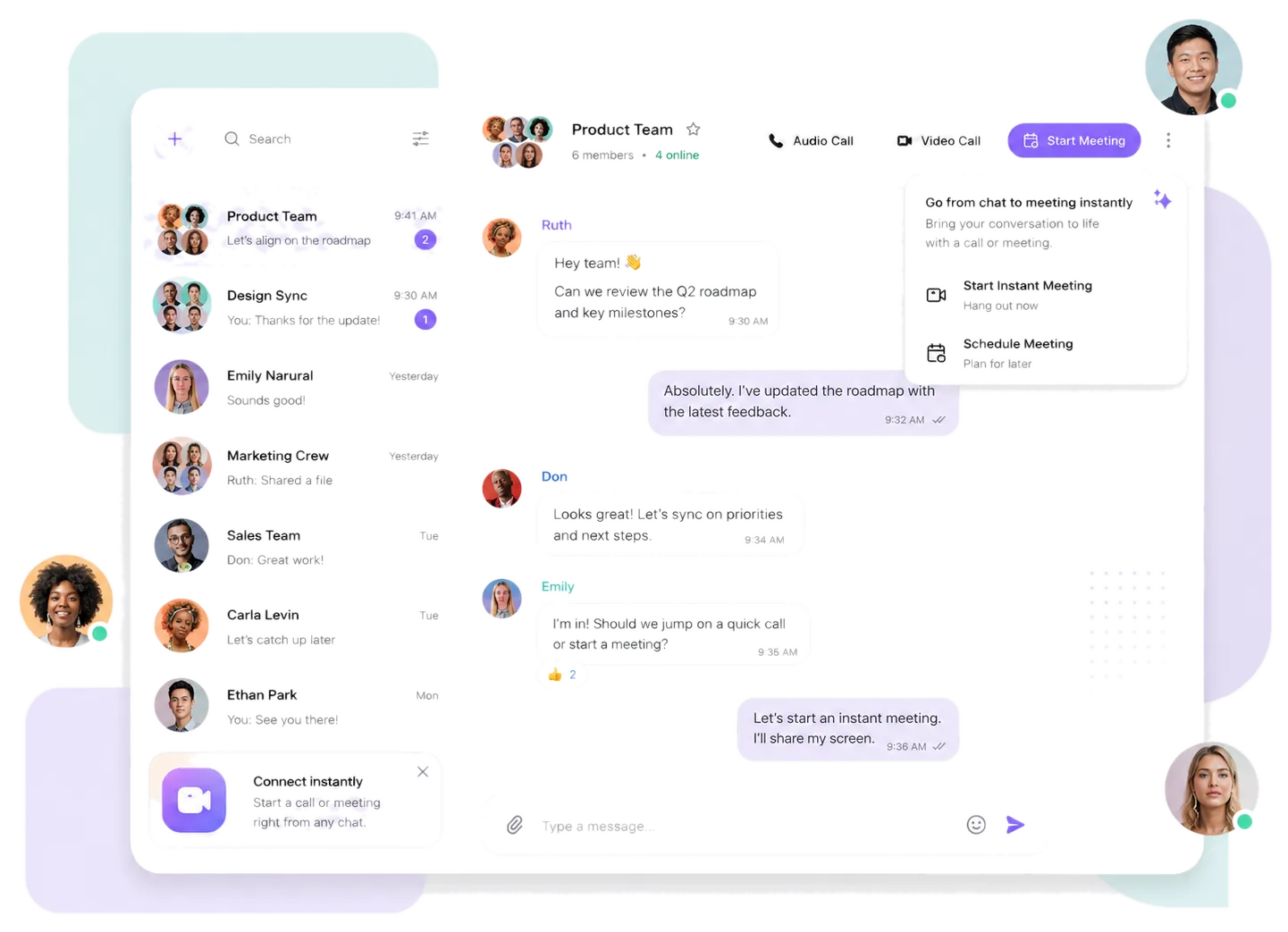 Product interface for starting voice, video, and meetings from chat
