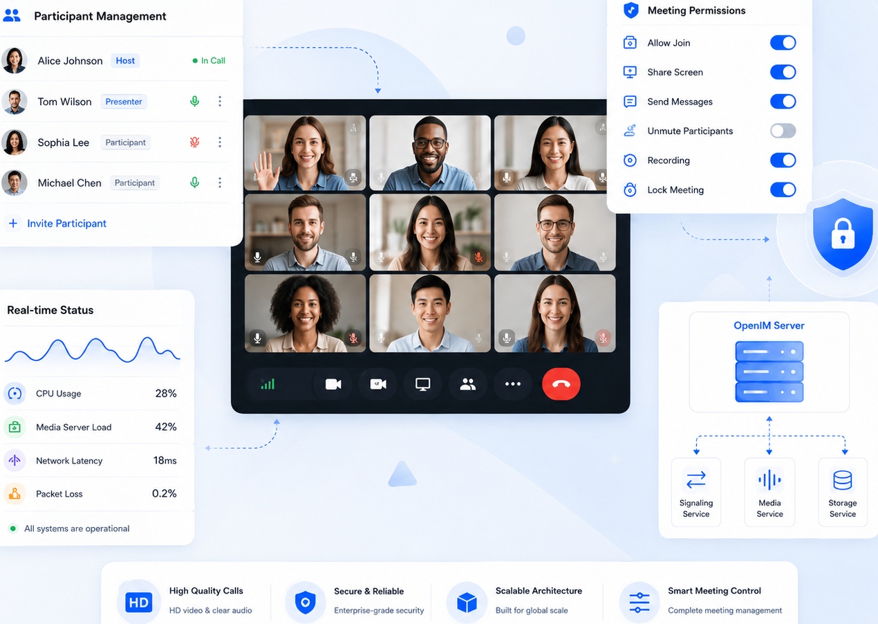 OpenIM interface for calls, meeting permissions, real-time status, and server controls