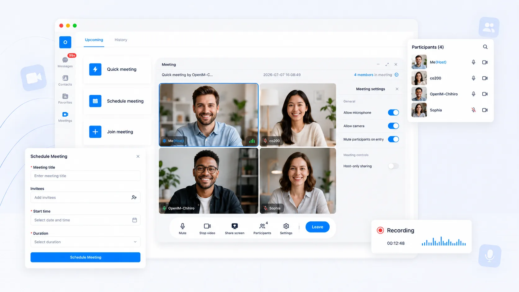 OpenIM meeting scheduling, host controls, participant management, and recording interface