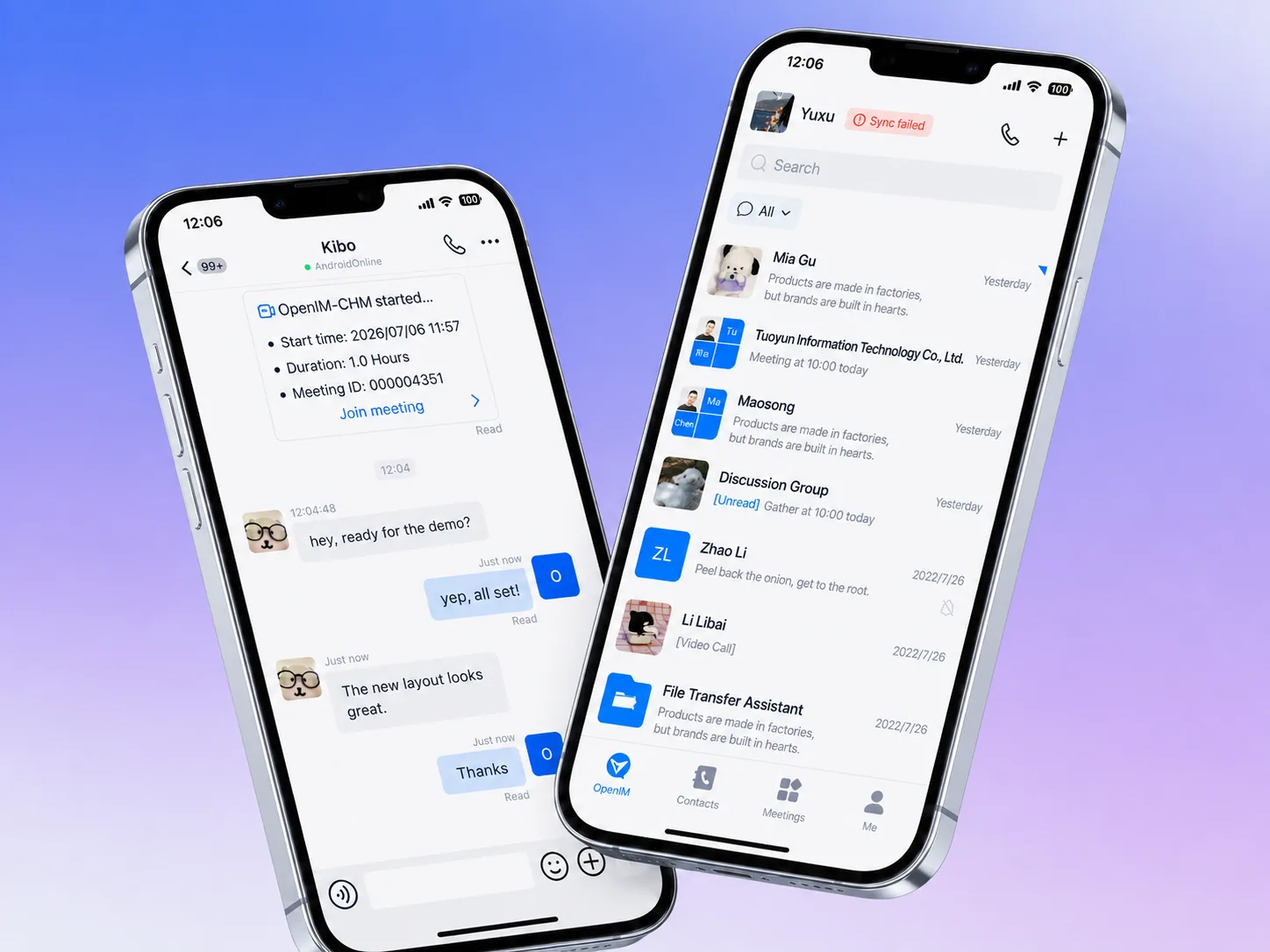 OpenIM Chat & Messaging mobile chat and conversation list interface